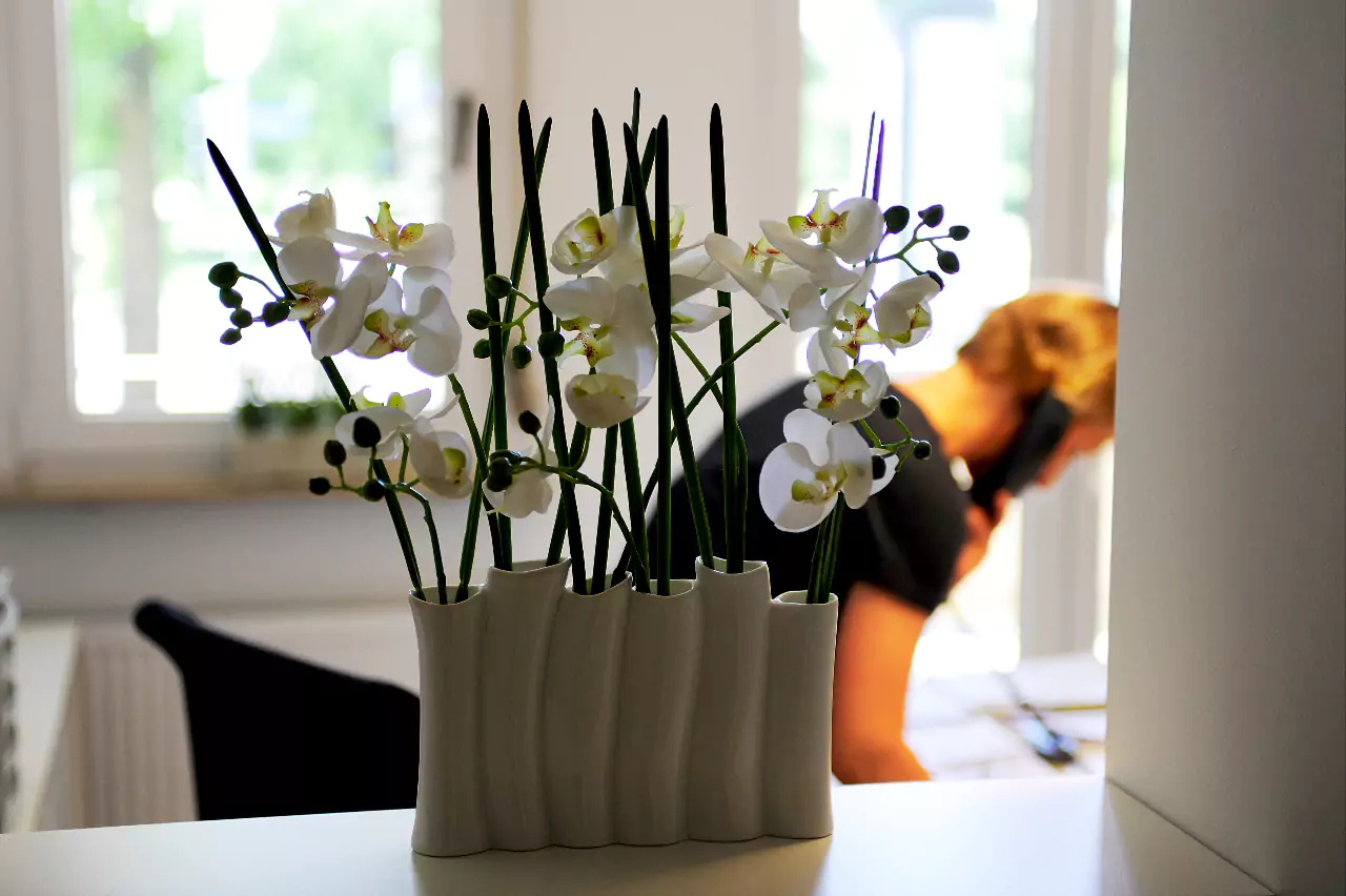Nahaufnahme von einer Vase mit Trockenblumen
