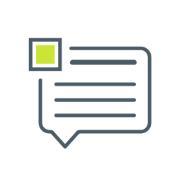 Sprechblase mit farbigem Quadrat und Strichen